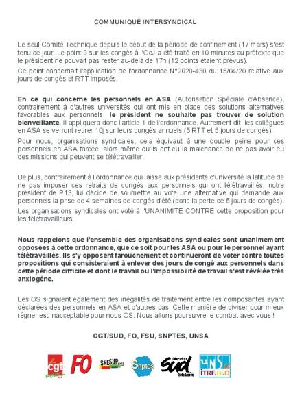 Université Sorbonne Paris Nord : Communiqué des organisations syndicales, 16 juin 2020