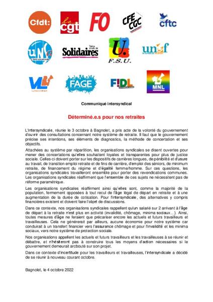 Déterminé-es pour nos retraites - Communiqué intersyndical du 4 octobre 2022