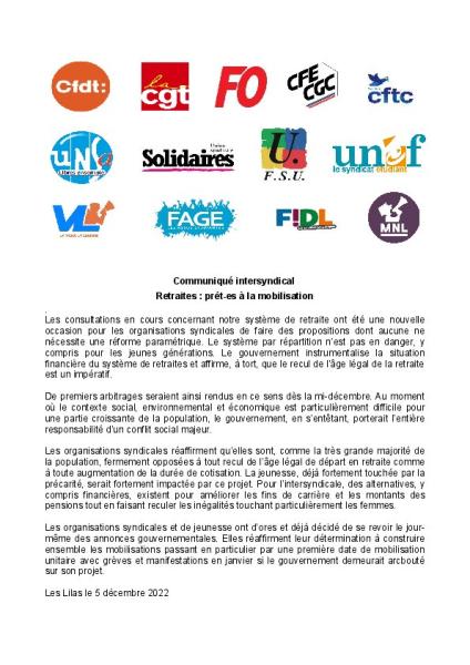 Retraites : prêt-es à la mobilisation - Communiqué intersyndical du 5 décembre 2022