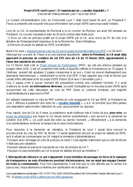 EPE : et maintenant un cavalier législatif?  - Communiqué de l'intersyndicale Lyon 1 du 6 mai 2024