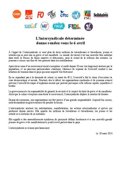 L'intersyndicale déterminée donne rendez-vous le 6 avril - Communiqué interprofessionnel du 28 mars 2023