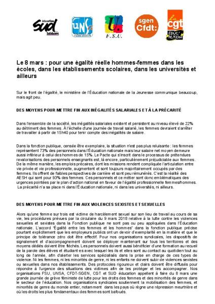 Tract de l’intersyndicale éducation pour le 8 mars 2024