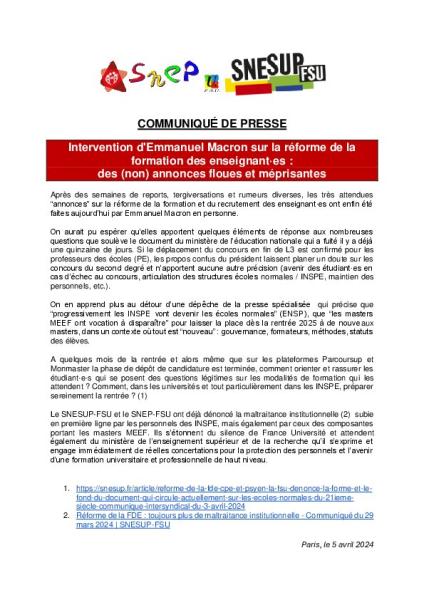 Intervention d'Emmanuel Macron sur la réforme de la FDE : des (non) annonces floues et méprisantes - Communiqué SNESUP-FSU et SNEP-FSU du 5 avril 2024