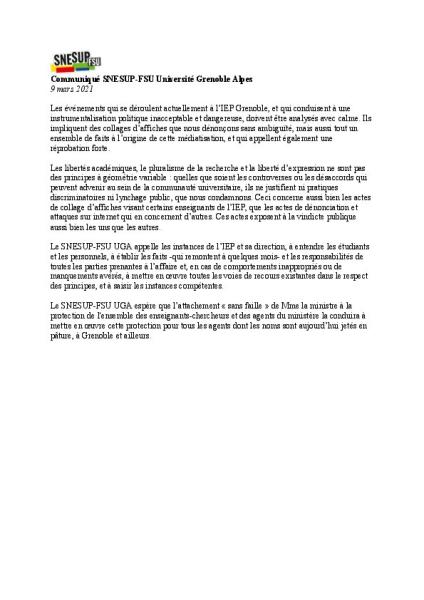 Université Grenoble Alpes : Communiqué de presse de la section SNESUP-FSU du 9 mars 2021