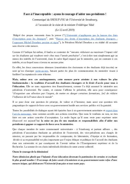 Université de Strasbourg : Appel à la démission. Face à l’inacceptable : ayons le courage d’aider nos présidents ! - Communiqué de la section SNESUP-FSU de Strasbourg, 12 avril 2019