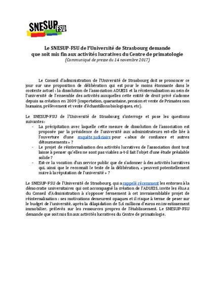 Le SNESUP Strasbourg demande l'arrêt du commerce des singes