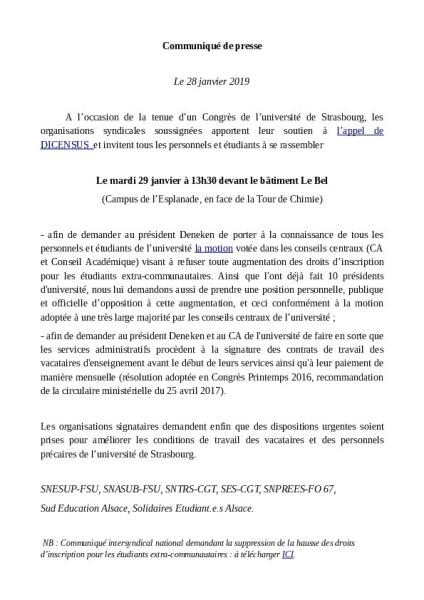 Université de Strasbourg : Communiqué de presse intersyndical du 28 janvier 2019