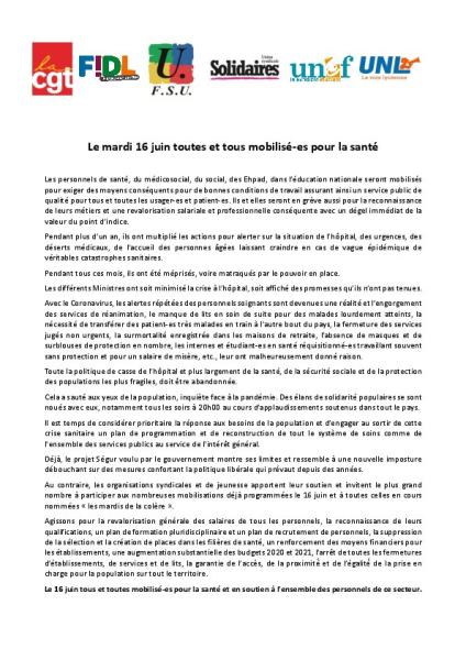 Le mardi 16 juin toutes et tous mobilisé-es pour la santé - Appel intersyndical du 10 juin 2020
