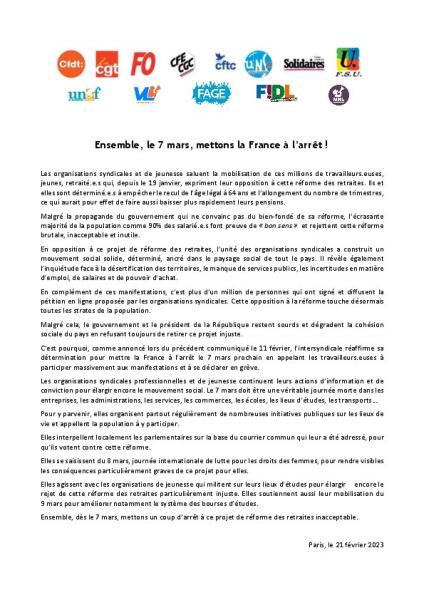 Ensemble, le 7 mars, mettons la France à l'arrêt - Communiqué de l'intersyndicale du 21 février 2023