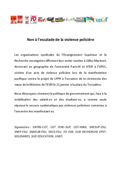 Non à l'escalade de la violence policière ! - CP intersyndical ESR du 24 janvier 2020