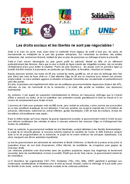 Les droits sociaux et les libertés ne sont pas négociables ! - Communiqué unitaire interprofessionnel du 3 décembre 2020