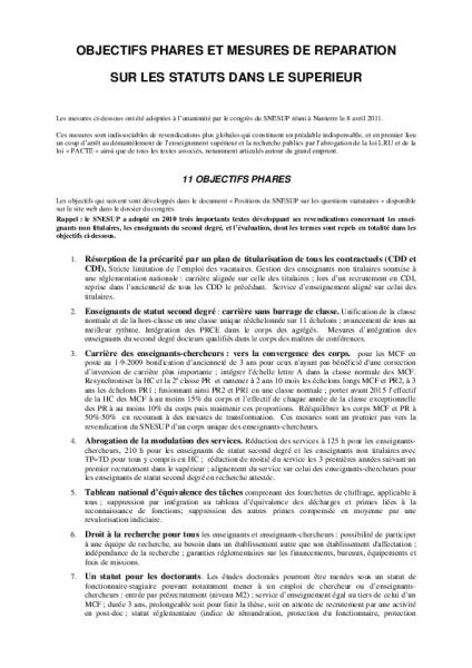 Congrès de Nanterre 2011: OBJECTIFS PHARES ET MESURES DE REPARATION SUR LES STATUTS DANS LE SUPERIEUR 
