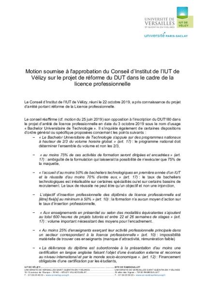 Motion soumise à l'approbation du Conseil d’Institut de l’IUT de Vélizy sur le projet de réforme du DUT dans le cadre de la licence professionnelle