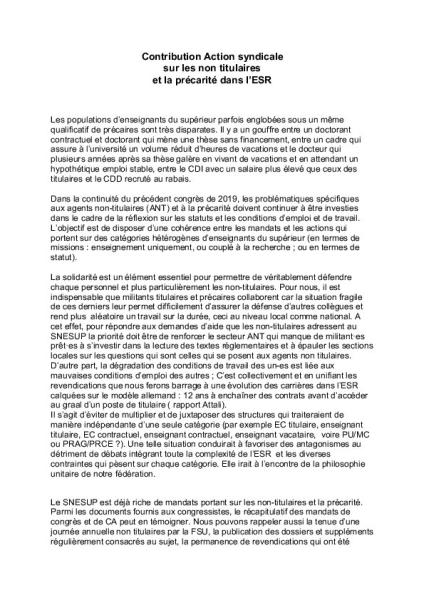 Contribution d'Action syndicale sur les non titulaires et la précarité dans l’ESR - 15 juin 2021