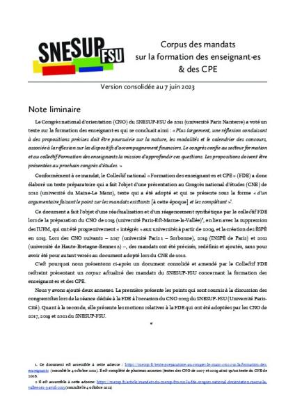 Corpus consolidé des mandats du SNESUP-FSU sur la formation des enseignant·es  & des CPE (juin 2023)