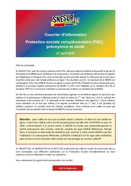 Courrier d'information sur la Protection sociale complémentaire (PSC) prévoyance et santé - 27 avril 2026