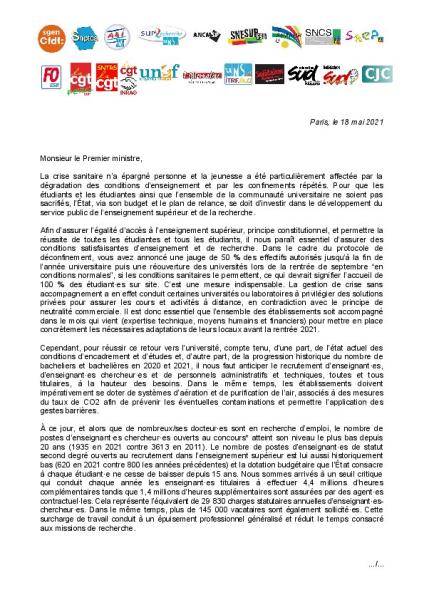 Courrier intersyndical au Premier ministre - 18 mai 2021