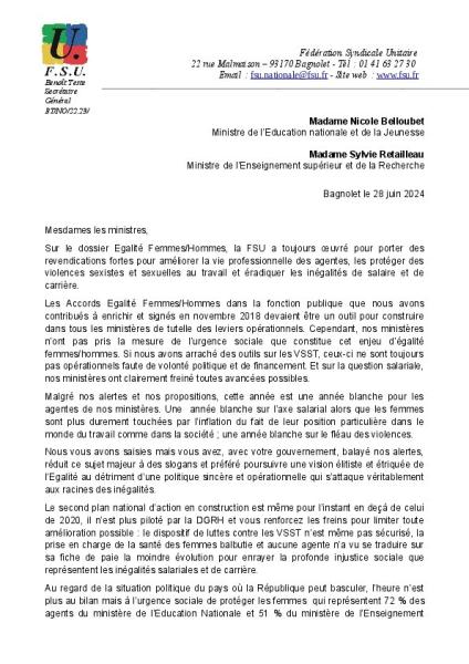 11 mesures pour l'EGALITE F/H - Lettre FSU du 28 juin 2024 aux ministres EN et ESR 