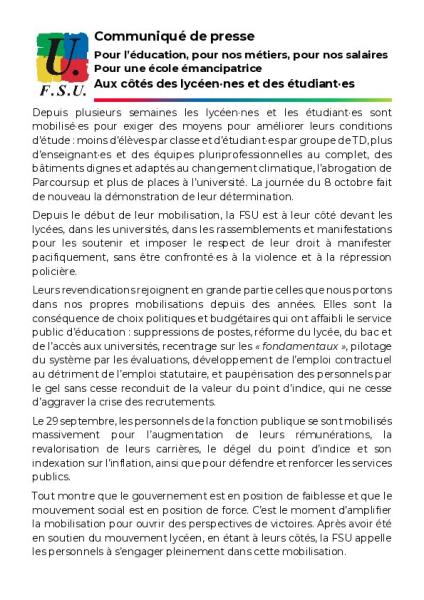 Mobilisé.es le 13 octobre - Communiqué de presse FSU du 9 octobre 2026