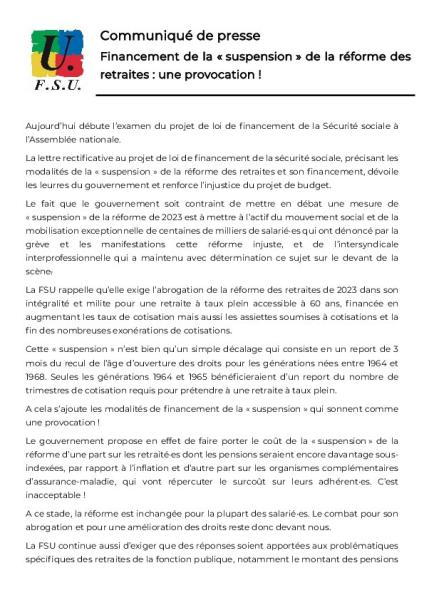 Financement de la « suspension » de la réforme des retraites : une provocation ! - Communiqué de la FSU du 27 octobre 2025