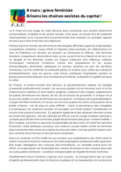 8 mars : grève féministe - Brisons les chaines sexistes du capital ! - Communiqué de presse de la FSU du 3 février 2026