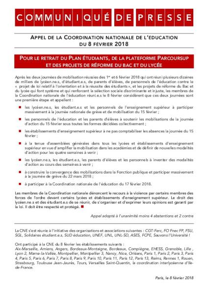 Appel de la Coordination nationale de l’éducation du 8 février 2018