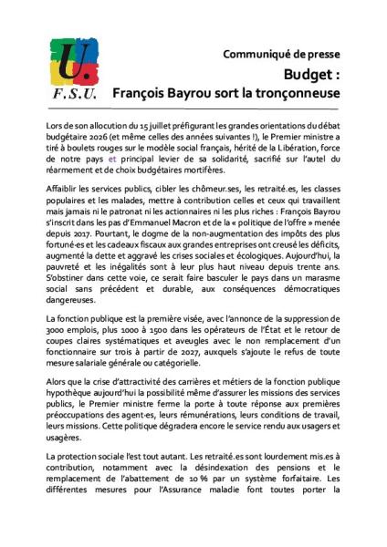 Budget : François Bayrou sort la tronçonneuse - Communiqué de la FSU du 15 juillet 2025