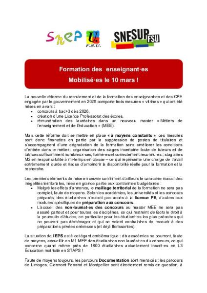 Formation des enseignant·es - Toutes et tous mobilisé·es le 10 mars!