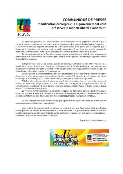 Planification écologique : le gouvernement veut préserver le modèle libéral avant tout ! Communiqué de presse FSU du 20 septembre 2023