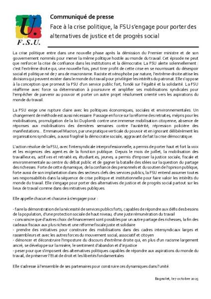 Face à la crise politique, la FSU s'engage pour porter des alternatives de justice et de progrès social - Communiqué FSU du 7 octobre 2025