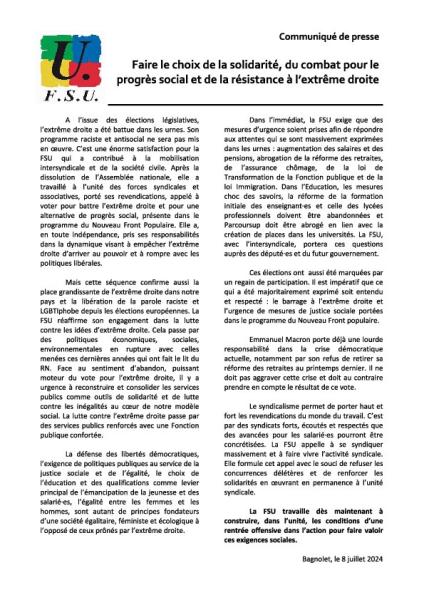  Faire le choix de la solidarité, du combat pour le progrès social et de la résistance à l’extrême droite - Communiqué de presse de la FSU du 8 juillet 2024