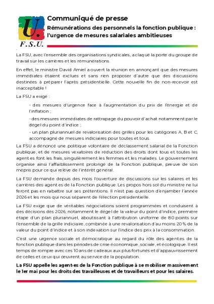 Rémunérations des personnels la fonction publique : l’urgence de mesures salariales ambitieuses - Communiqué de presse FSU du 14 avril 2026