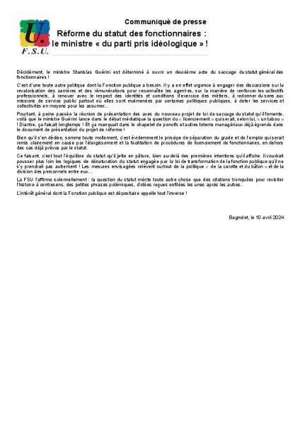 Réforme du statut des fonctionnaires : le ministre « du parti pris idéologique » ! - Communique de presse FSU du 10 avril 2024