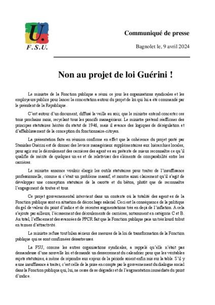 Non au projet de loi Guérini ! - Communiqué de presse FSU du 9 avril 2024