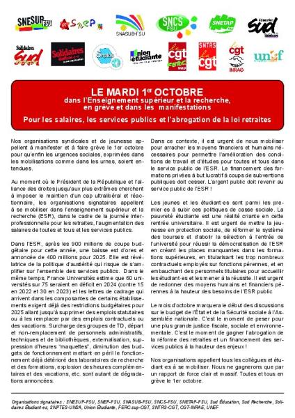 📣 Mardi 1er octobre : l’ESR mobilisé pour les salaires, les services publics et les retraites - Communiqué intersyndical du 24 septembre 2024