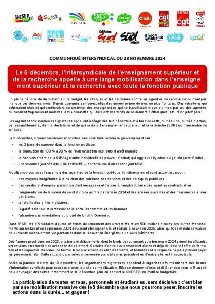 MOBILISATION DU 5 DÉCEMBRE - Appel intersyndical de l'ESR du 28 novembre 2024