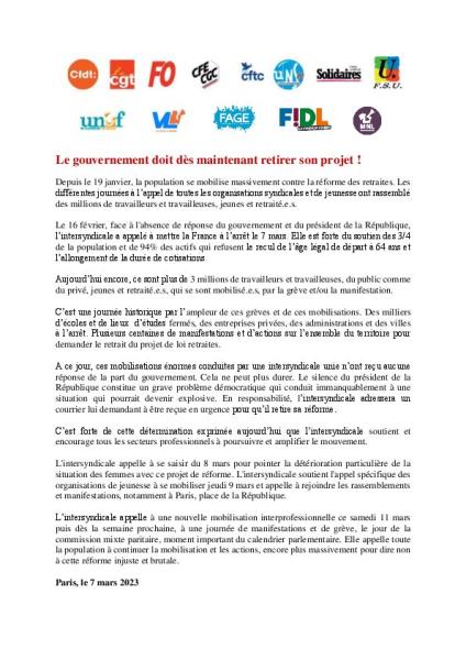 Le gouvernement doit dès maintenant retirer sa réforme! - Communiqué intersyndical du 7 mars 2023