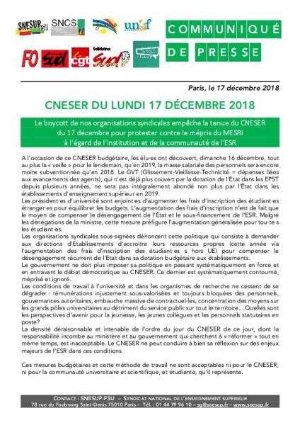 Le boycott de nos organisations syndicales empêche la tenue du CNESER du 17 décembre pour protester contre le mépris du MESRI - Communiqué de presse, 17 décembre 2018