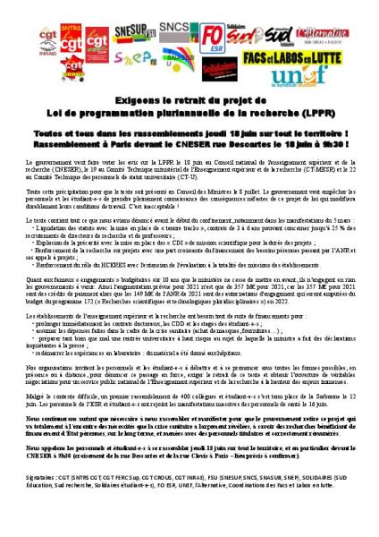 Exigeons le retrait du projet LPPR - Appel au rassemblement le 18 juin - CP intersyndical du 17 juin 2020