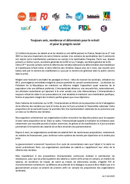 Toujours unis, nombreux et déterminés pour le retrait et pour le progrès social - Communiqué  intersyndical du 2 mai 2023