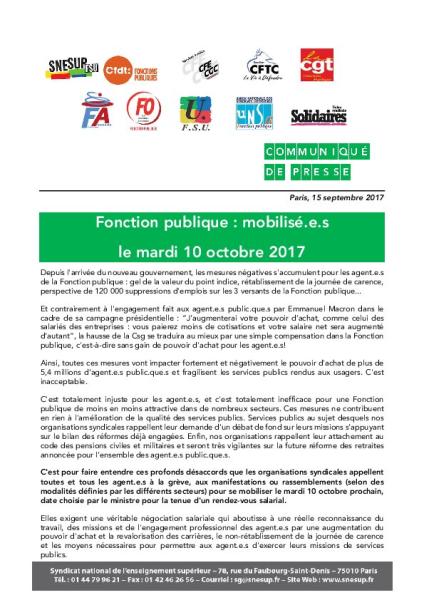 Fonction publique : mobilisé.e.s le mardi 10 octobre 2017