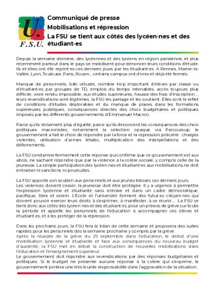 Mobilisations et répression : La FSU se tient aux côtés des lycéen⋅nes et des étudiant·es - Communiqué FSU du 1er octobre 2026