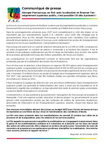 Abroger Parcoursup, en finir avec la sélection et financer l’ESR, c’est possible ! Et dès à présent ! - Communiqué de la FSU du 28 octobre 2026