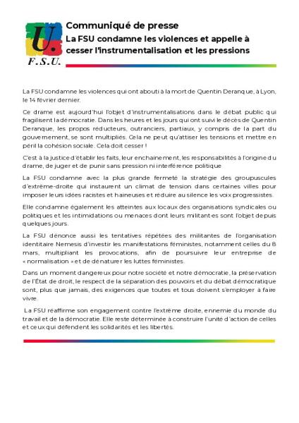 La FSU condamne les violences et appelle à cesser l'instrumentalisation et les pressions - Communiqué de presse FSU du 19 février 2026