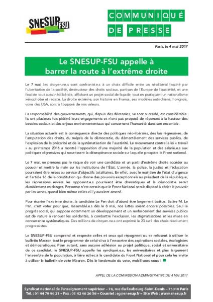 Le SNESUP-FSU appelle à barrer la route à l’extrême droite