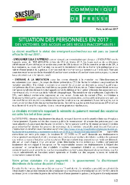 SITUATION DES PERSONNELS EN 2017 : DES VICTOIRES, DES ACQUIS et DES RECULS INACCEPTABLES !