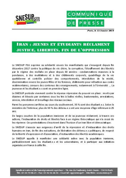 IRAN : jeunes et étudiants réclament justice, libertés, fin de l'oppression