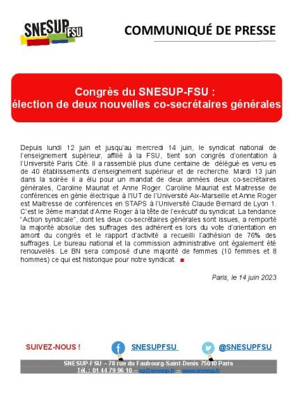 Congrès du SNESUP-FSU : élection de deux nouvelles co-secrétaires générales -  Communiqué de presse du SNESUP-FSU du 14 juin 2023