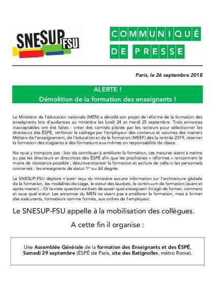 ALERTE ! Démolition de la formation des enseignants ! - Communiqué de presse, 26 septembre 2018