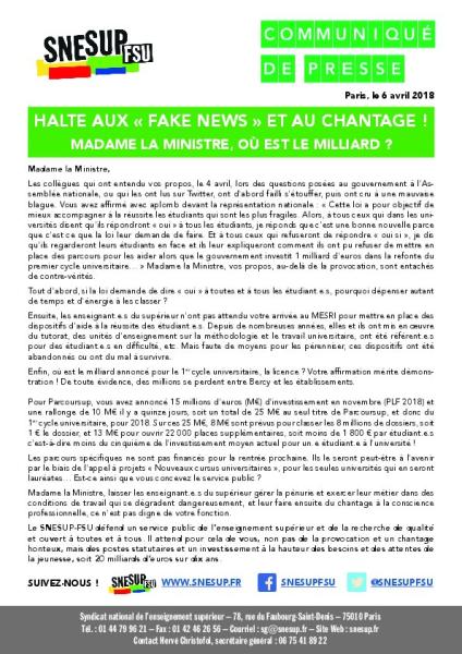 HALTE AUX « FAKE NEWS » ET AU CHANTAGE ! MADAME LA MINISTRE, OÙ EST LE MILLIARD ? Communiqué de presse du 6 avril 2018